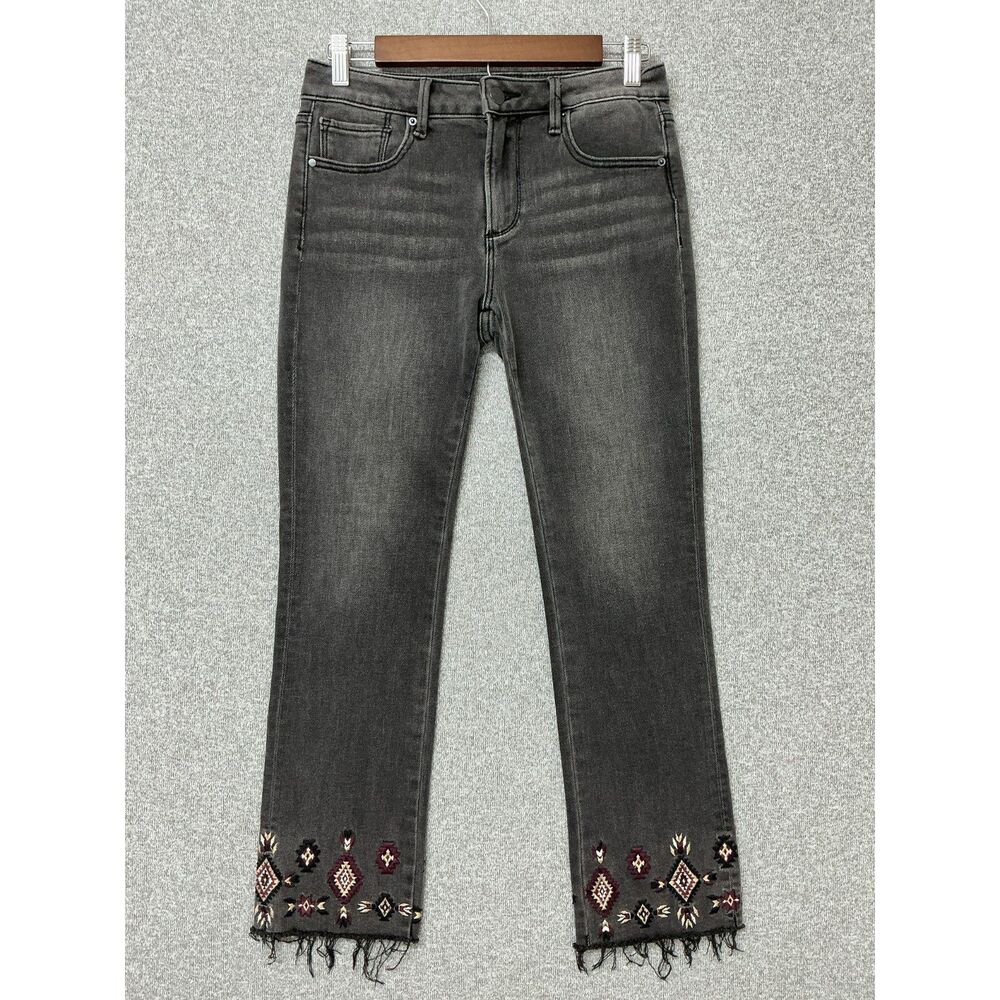 Driftwood Colette Aztec Embroidered Frayed Crop Jeans Women's Size 26 Charcoal